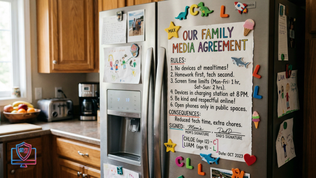 family media agreement to help limit screen time for kids posted on refrigerator