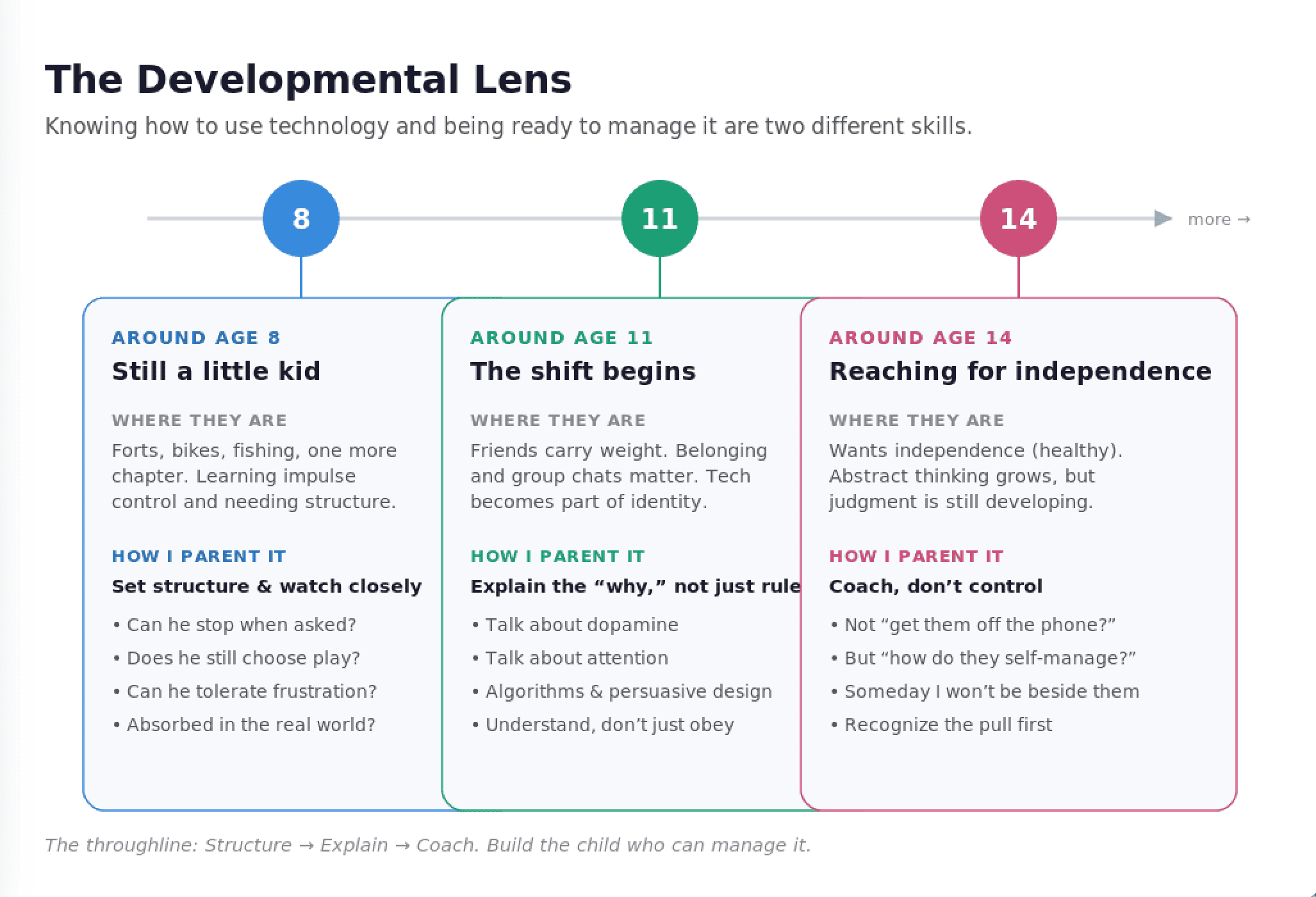Infographic showing developmental stages and digital wellness tips for children.