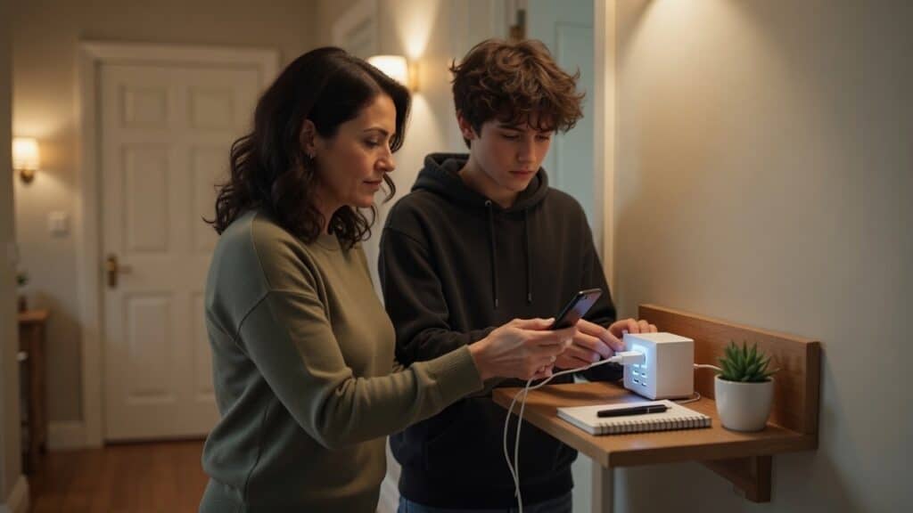 family setting up a phone charging station outside the bedroom as a screen time habit - Kids Online Safety Law
