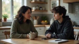 parent and teen talking at the kitchen table about the KIDS Act kids online safety law