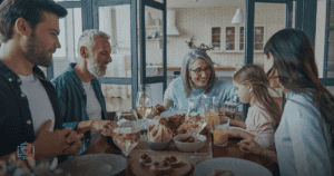 Family keeping phones away at the dinner table during a phone-free schools shift at home.