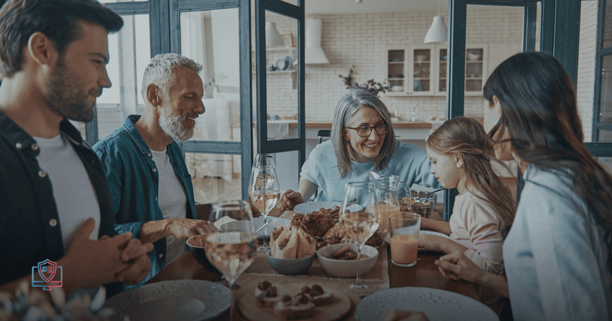 Family keeping phones away at the dinner table during a phone-free schools shift at home.