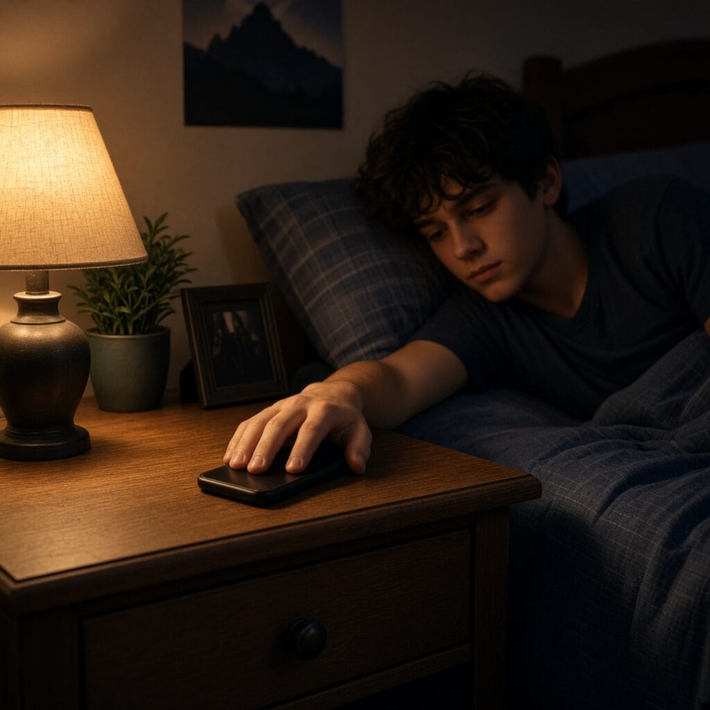 Teen putting phone face-down on a nightstand at bedtime, warm lamp light