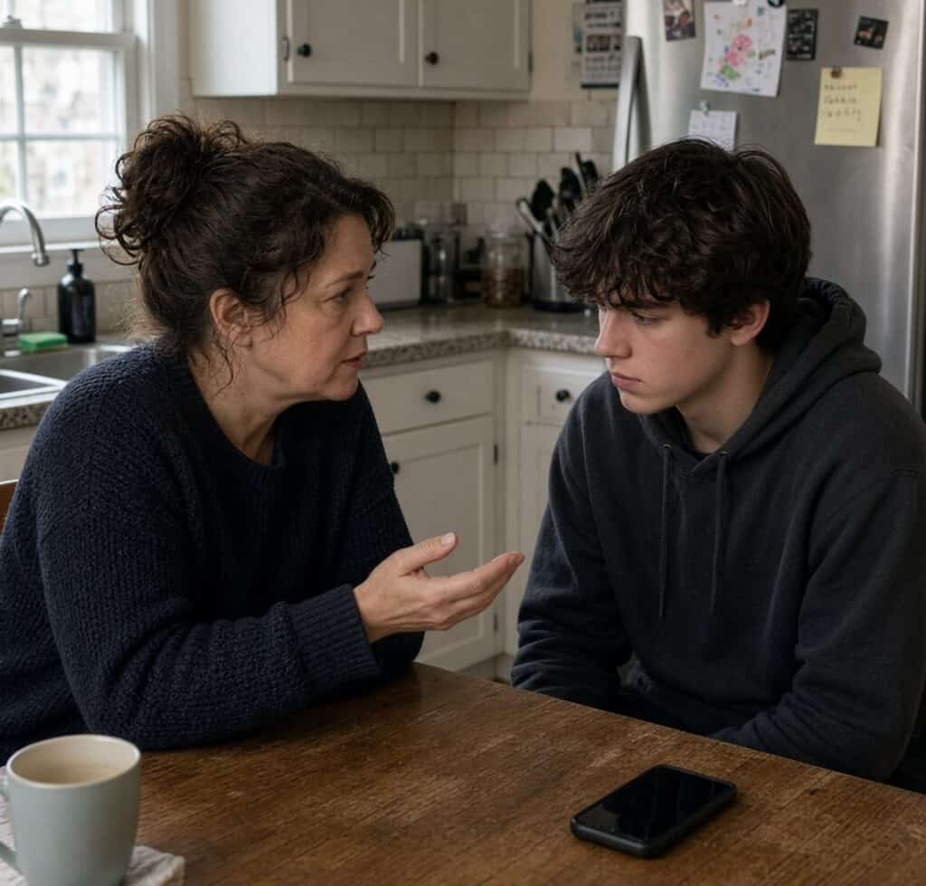 Parent and teenager sitting together at a kitchen table talking about social media addiction in kids