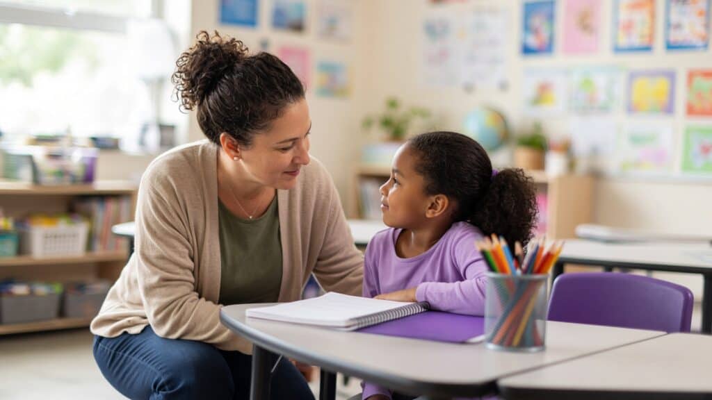 Teacher talking with a student one on one, a trusted adult in a K-12 digital health and safety program