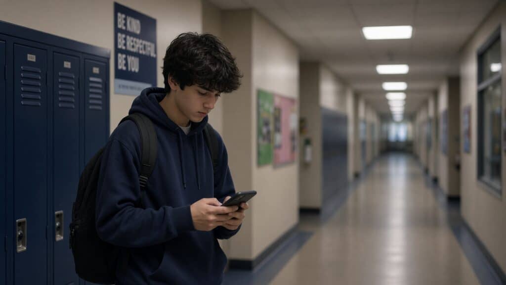Student using a phone in a school hallway, illustrating AI chatbots for student mental health