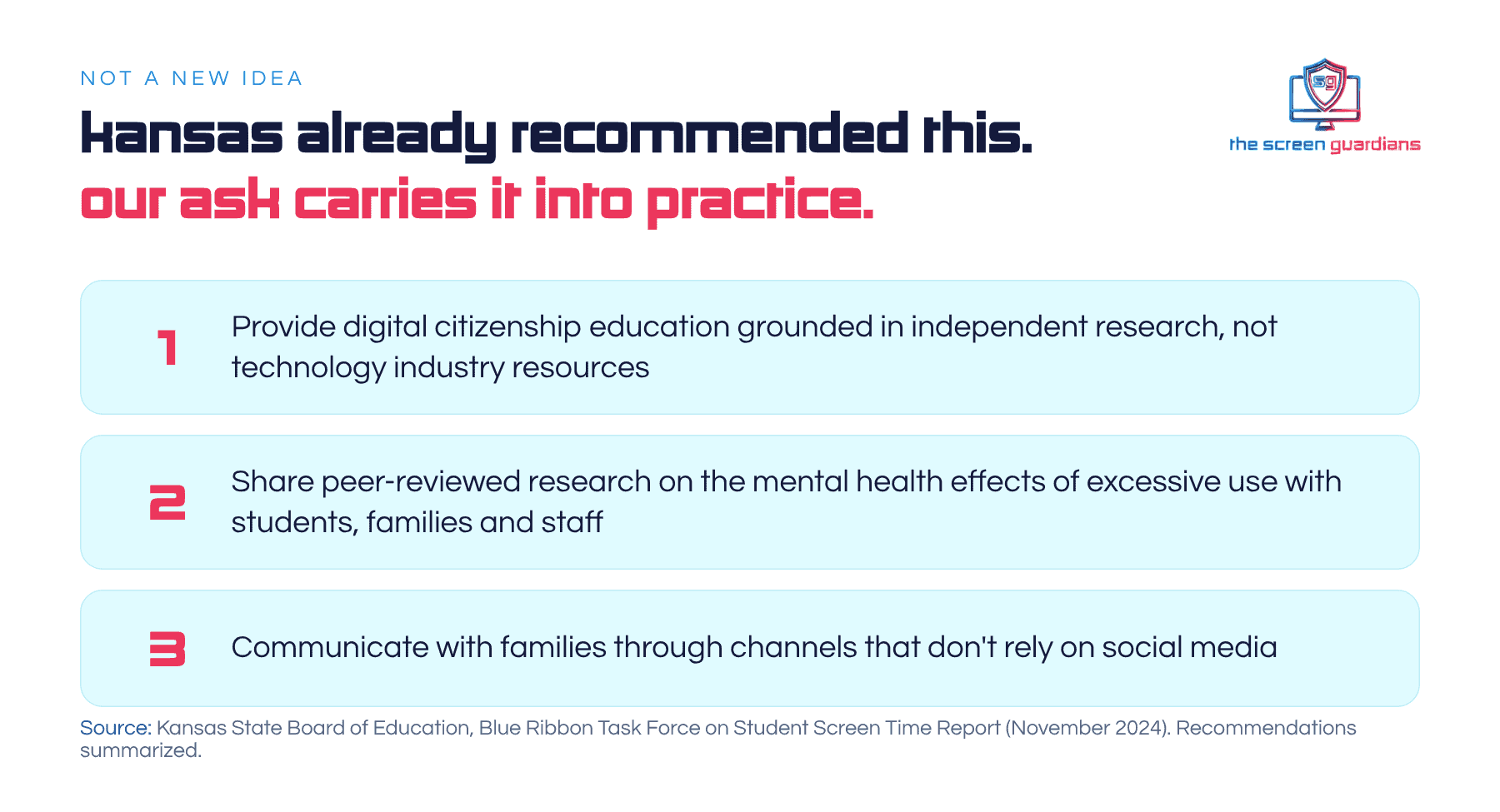 Three Blue Ribbon Task Force on Student Screen Time recommendations for Kansas districts, 2024 report
